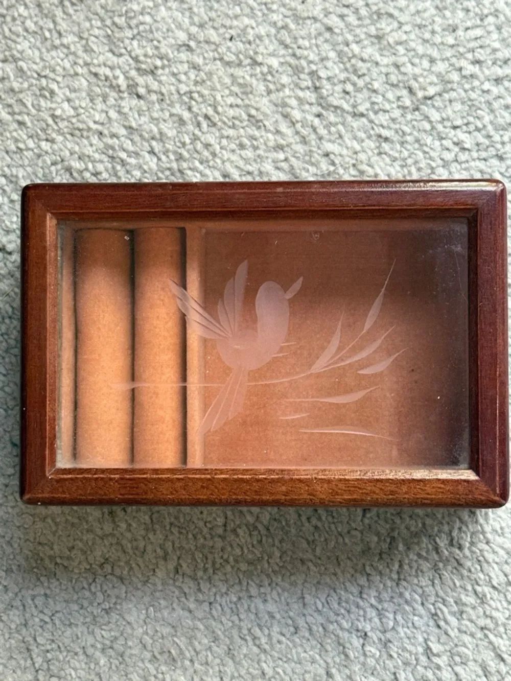 Vintage Wooden Jewelry Box with Etched Glass Bird !
